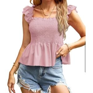 Clarisbelle Women's Summer Smocked Peplum Square Neck Ruffle Sleeveless Tank med